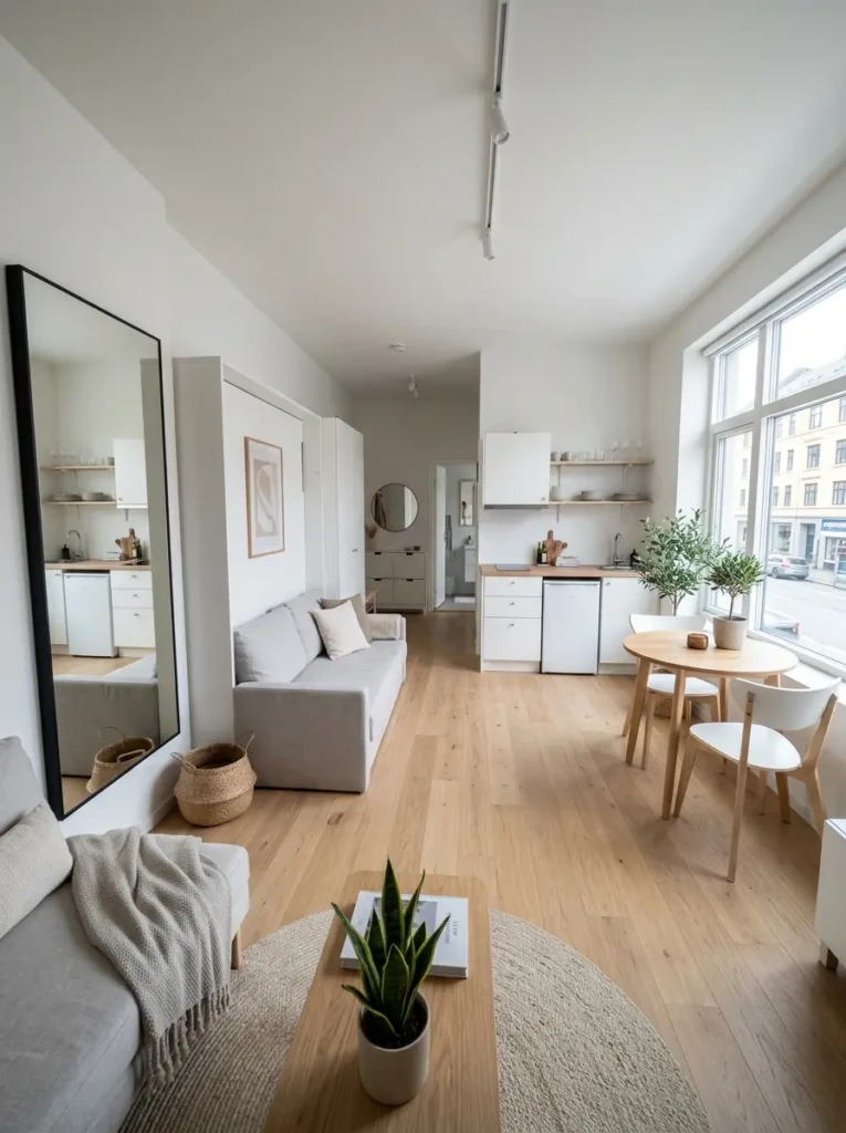 Small Airbnb interior with mirrors, multifunctional furniture, and bright natural light