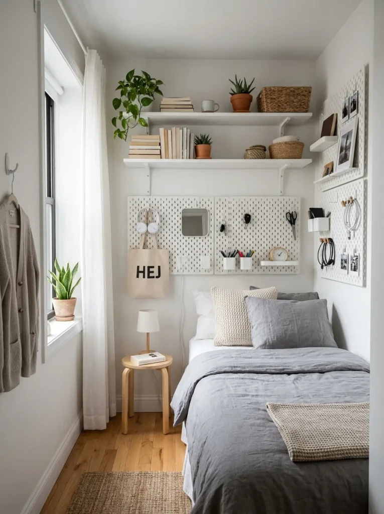 Small bedroom featuring IKEA wall storage shelves and pegboards for organized vertical storage.