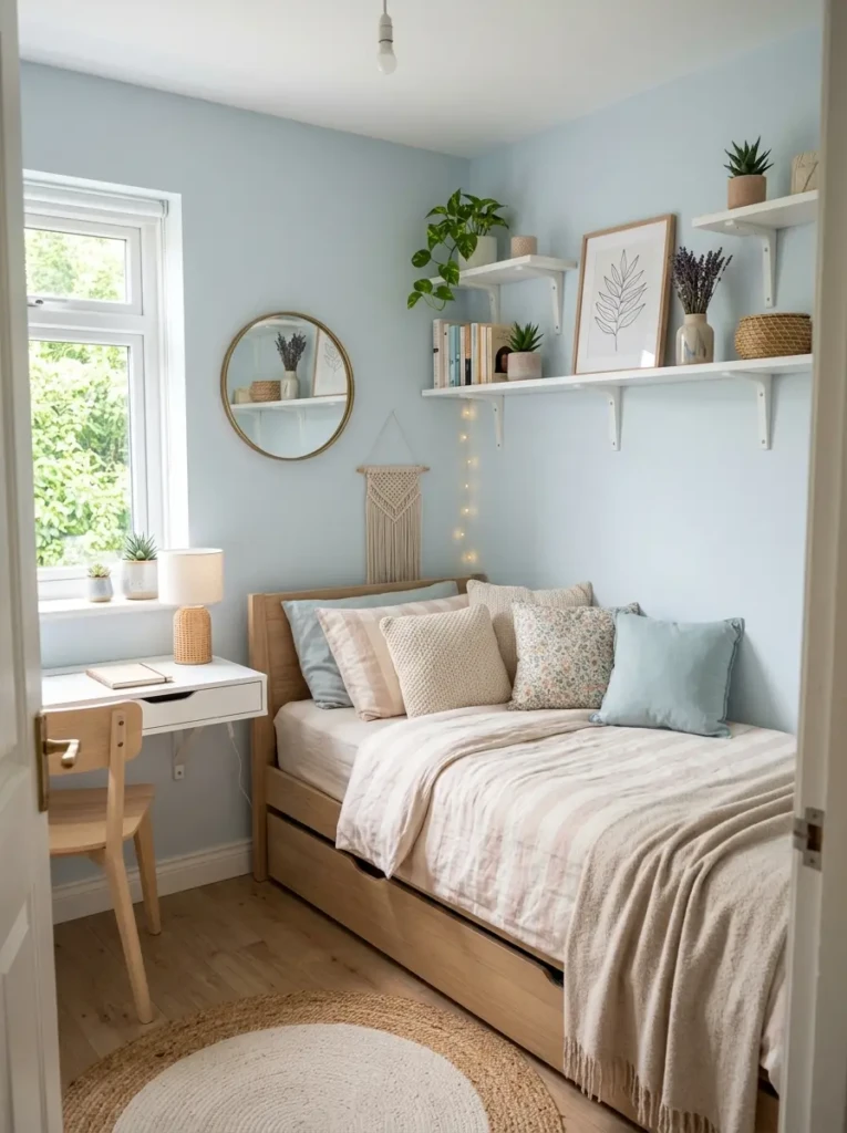 Compact pastel bedroom with pale blue walls and space-saving furniture