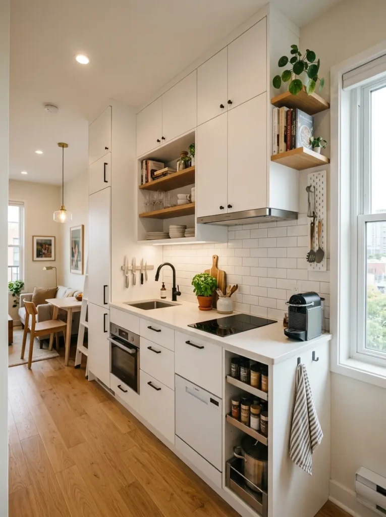 Compact modern kitchen with slim-profile range hood for small spaces