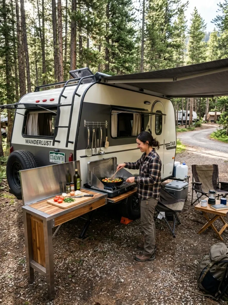 Compact fold-down outdoor cooking station attached to RV with prep counter and hanging utensils
