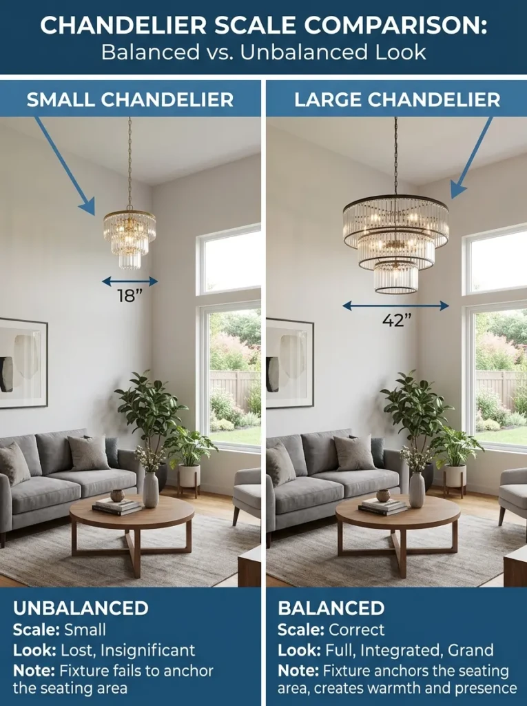 Comparison of small and large chandelier sizes in a room showing proper scale and proportion