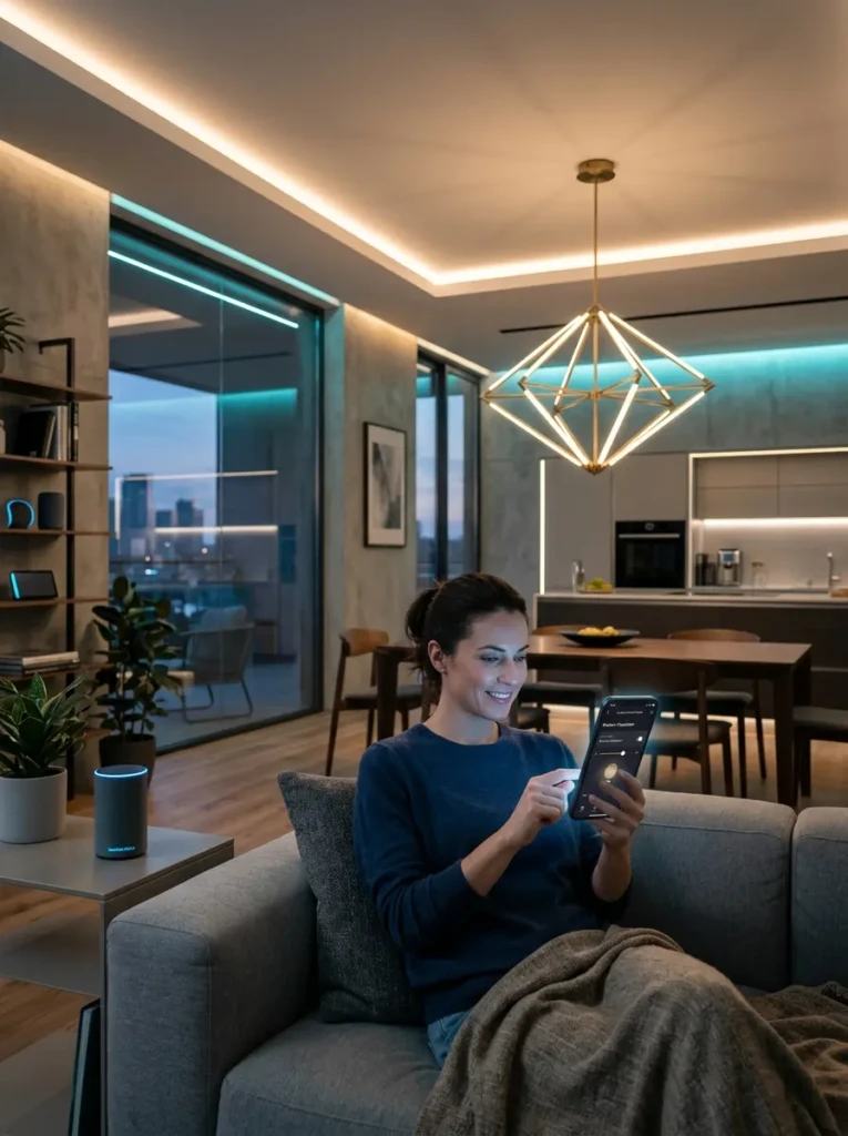 Modern smart chandelier controlled by smartphone in a tech-enabled home interior