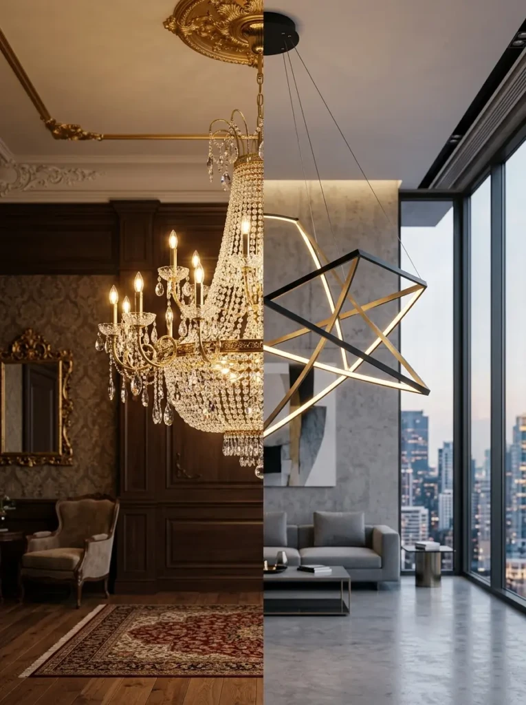 Comparison of traditional crystal chandelier and modern minimalist chandelier showing the evolution of lighting design