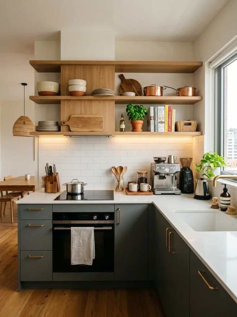 Modern Airbnb kitchen with open shelving, coffee station, and organized layout