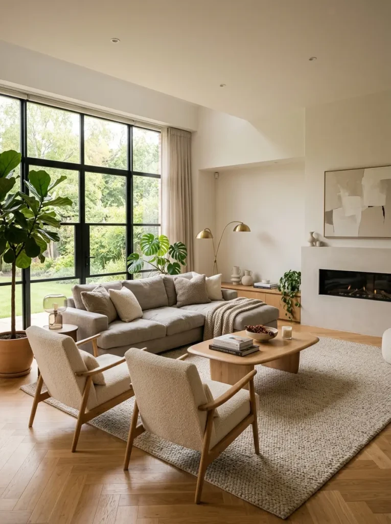 Stylish modern living room with neutral tones, cozy seating, and elegant decor ideas