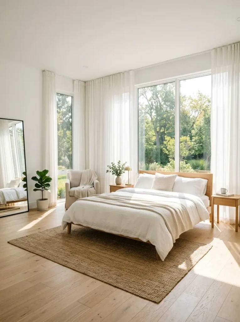 Airy white bedroom filled with natural light and sheer curtains