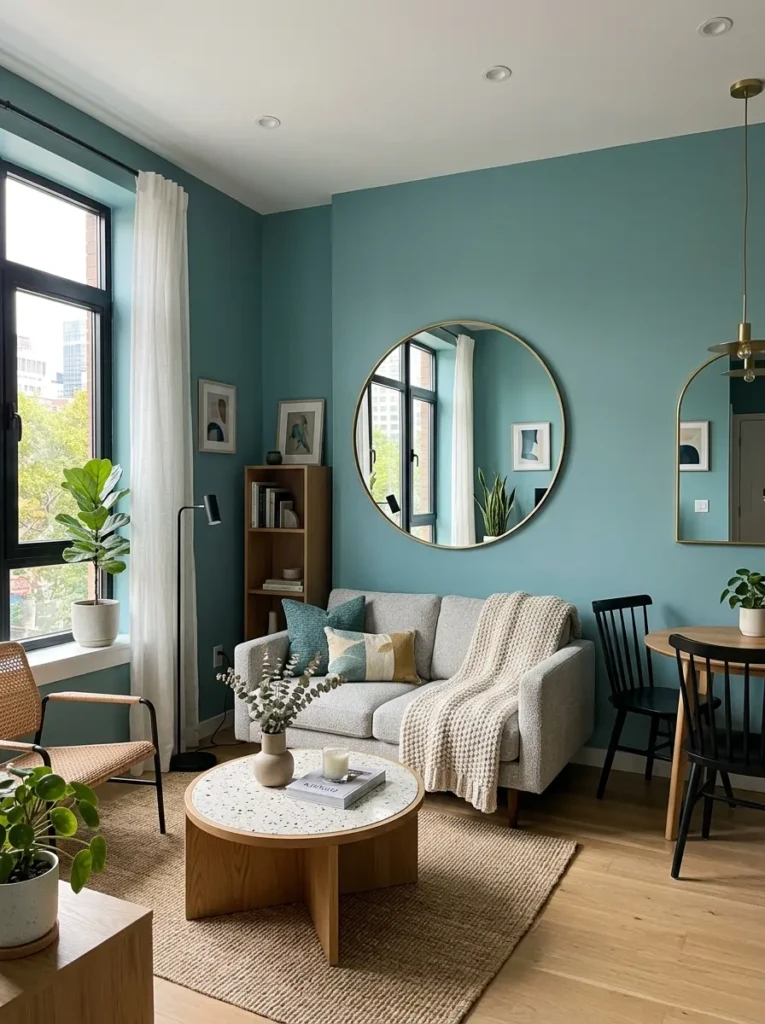 Compact teal living room with minimalist furniture and bright open-space styling