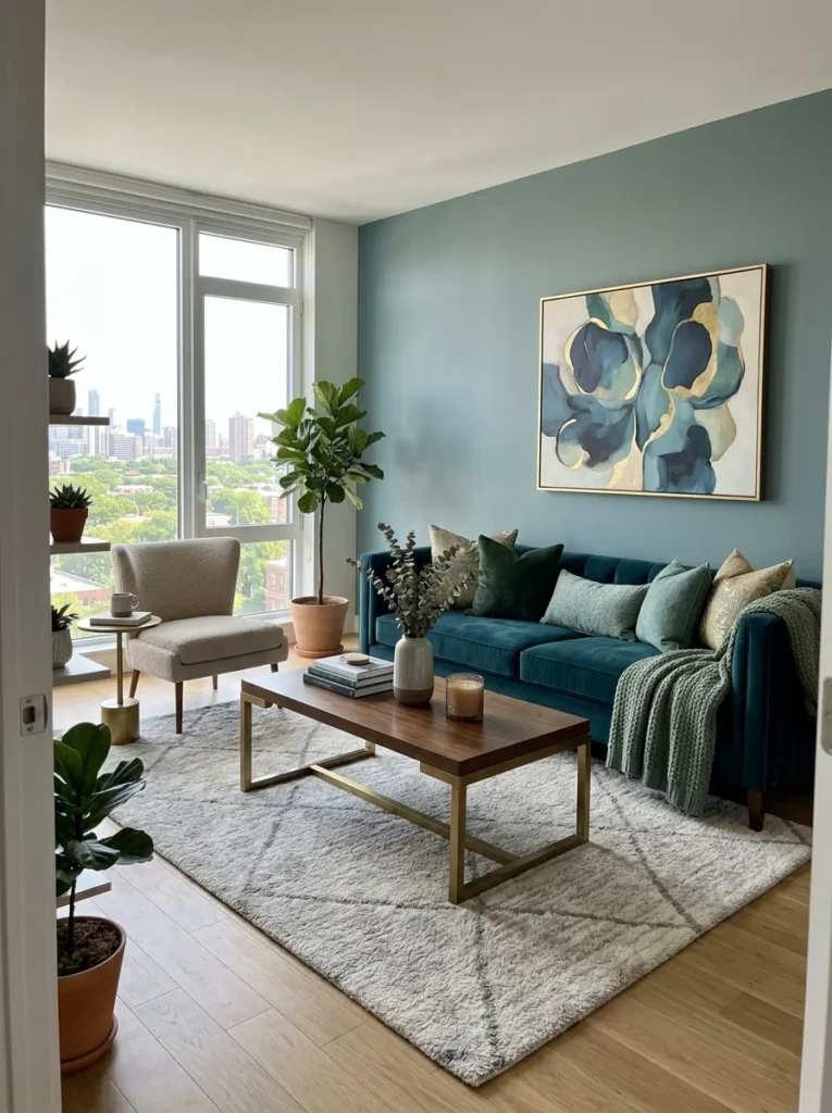 Elegant teal living room with luxurious furniture, warm lighting, and sophisticated modern decor