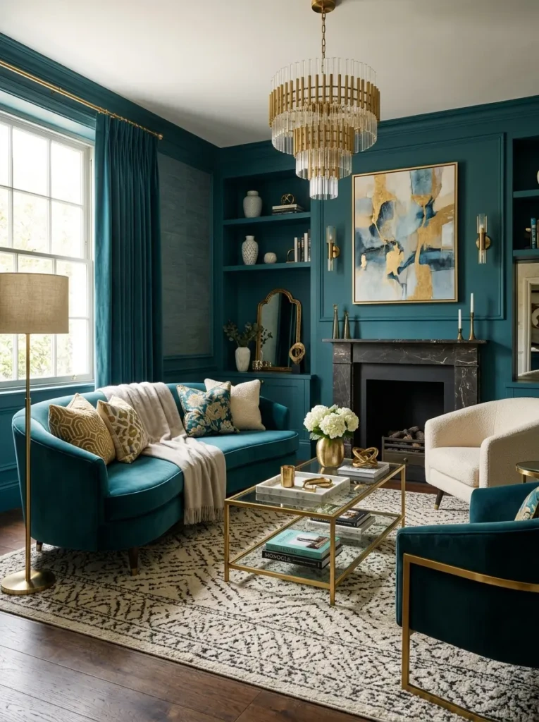 Sophisticated teal living room with luxurious textures, modern furniture, and cozy atmosphere