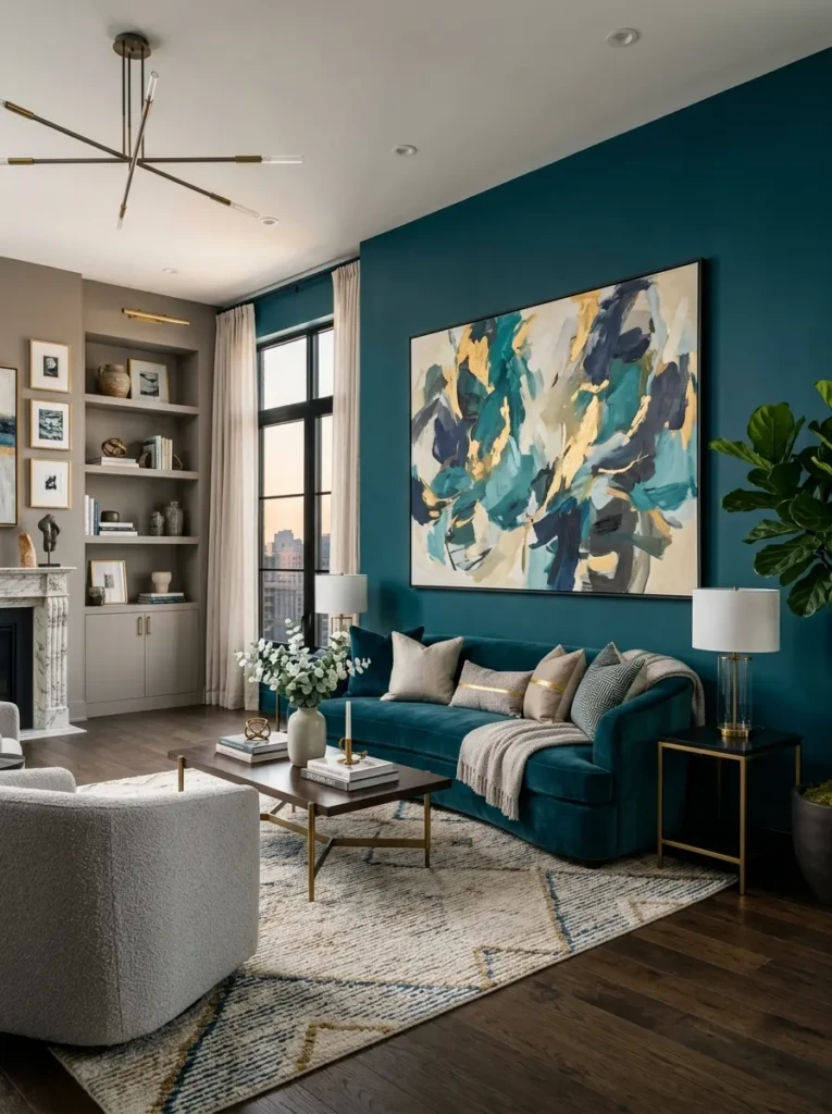 Elegant teal living room featuring oversized abstract artwork and modern decor
