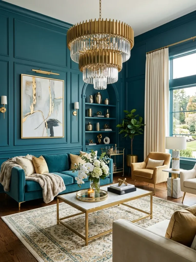 Elegant teal living room featuring gold and brass decor accents for a luxury look