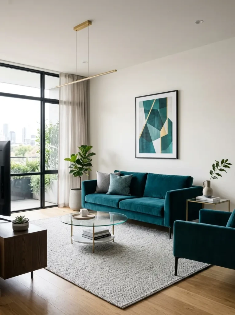 Minimalist teal living room with clean lines, elegant furniture, and balanced decor