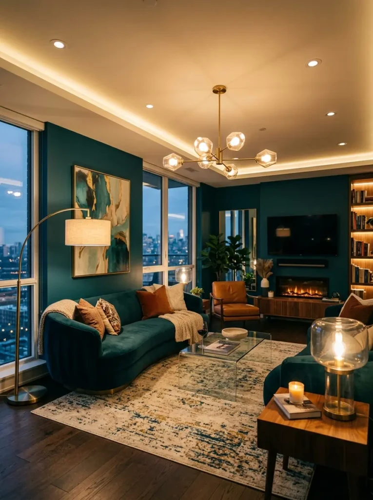 Elegant teal living room illuminated with warm layered lighting and modern fixtures