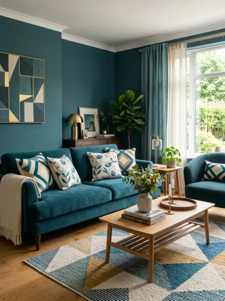 Teal living room with balanced geometric patterns and elegant layered textures