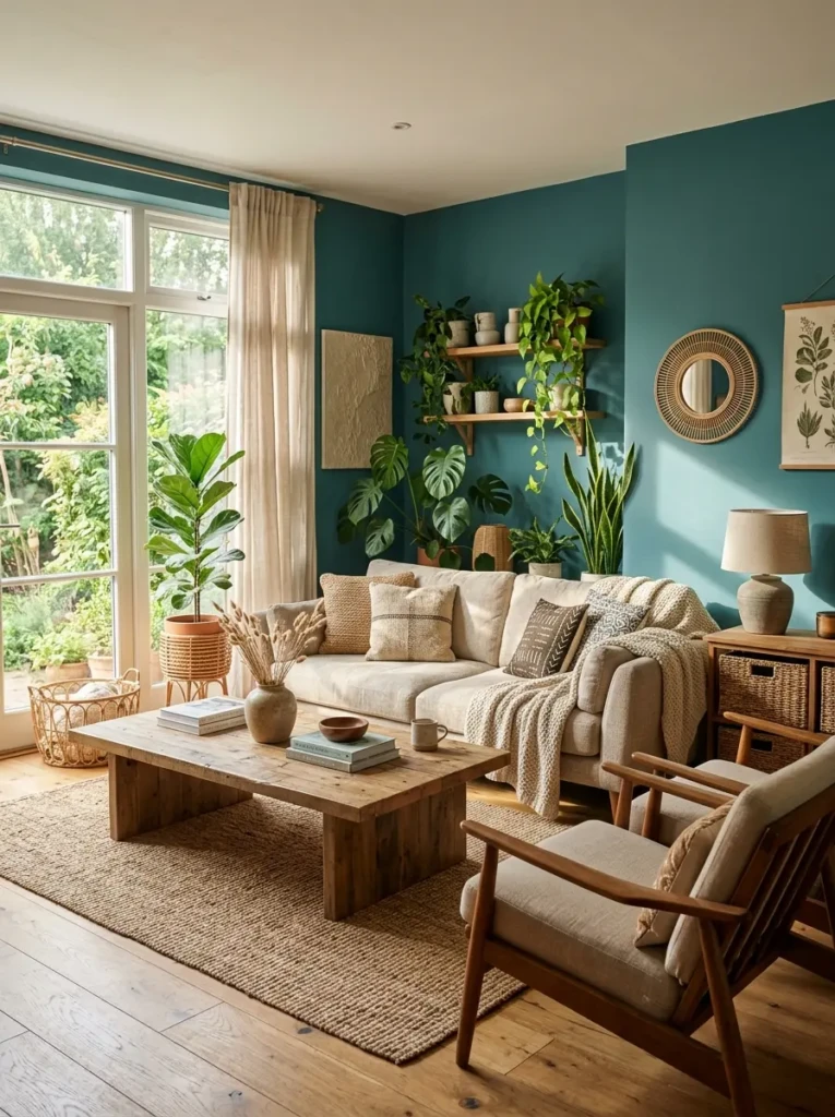 Teal living room with indoor plants, wooden furniture, and organic natural textures