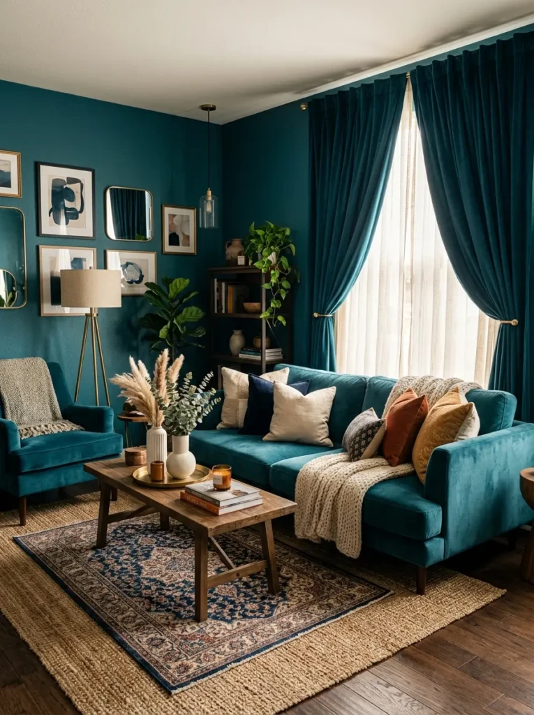 Luxurious teal living room with velvet curtains and layered decorative fabrics