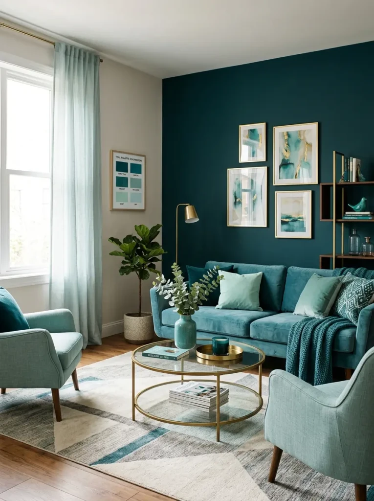 Different teal color shades styled in a modern and elegant living room interior