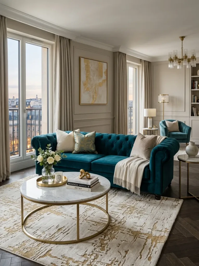 Deep teal velvet sofa styled as the centerpiece of an elegant modern living room