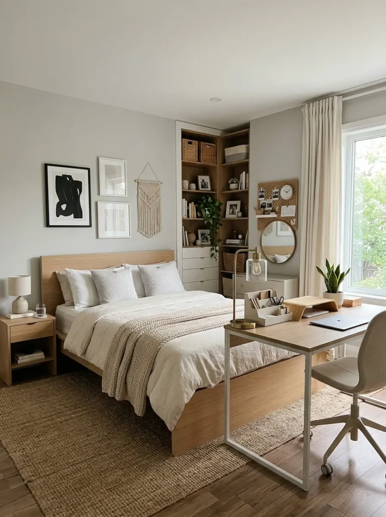 Neutral teen bedroom furniture with modern bed frame, desk, and practical storage