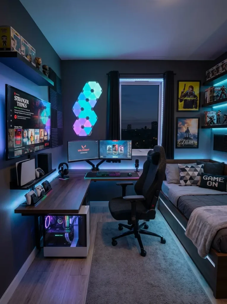 Teen bedroom with gaming setup, mounted TV, RGB lighting, and ergonomic chair