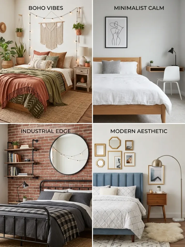 Stylish teen bedroom themes including boho, minimalist, and industrial decor styles