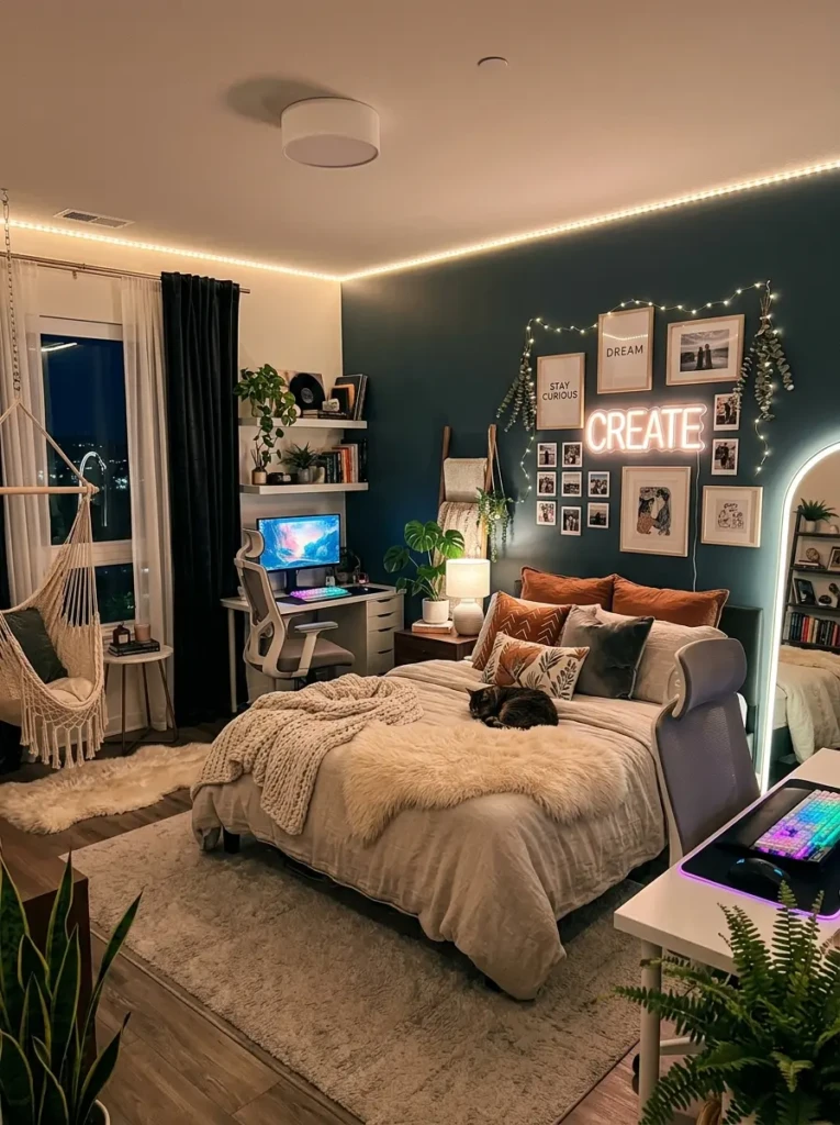 Luxurious teen bedroom with LED lights, cozy textures, indoor plants, and modern decor