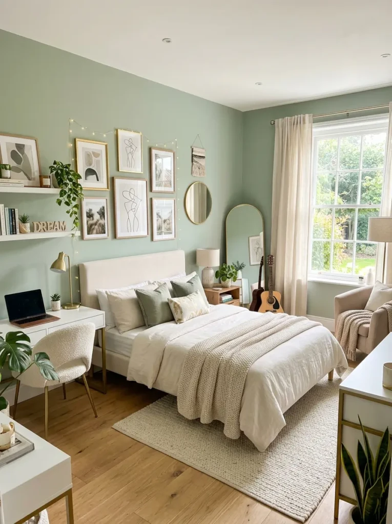 Teen bedroom with sage green walls, cream bedding, and modern neutral color palette