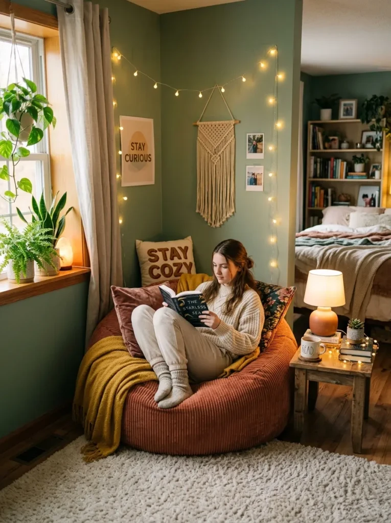 Teen bedroom reading nook with bean bag chair, soft rug, and relaxing decor