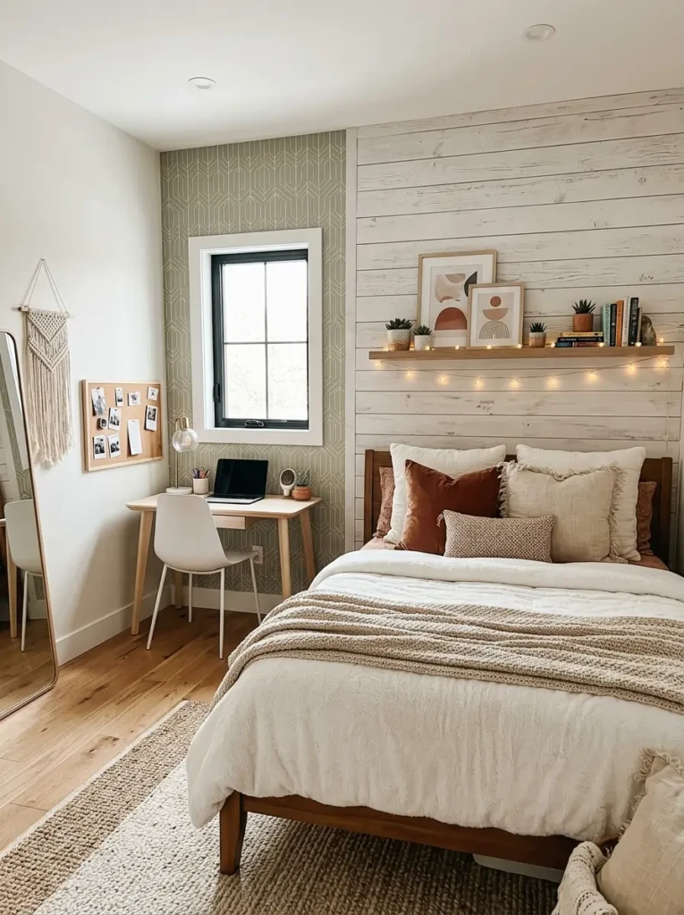 Teen bedroom featuring textured accent wall, wallpaper, and modern stylish decor