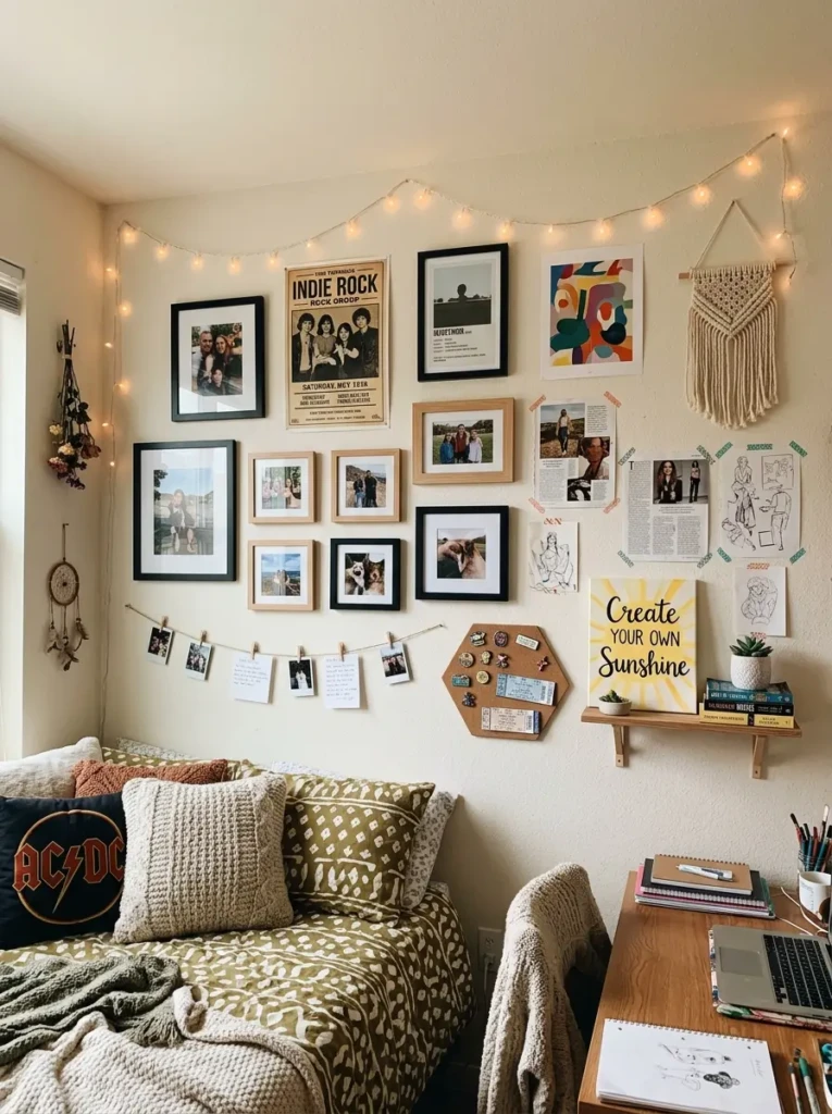 Teen bedroom with gallery wall, framed photos, posters, and creative personal decor