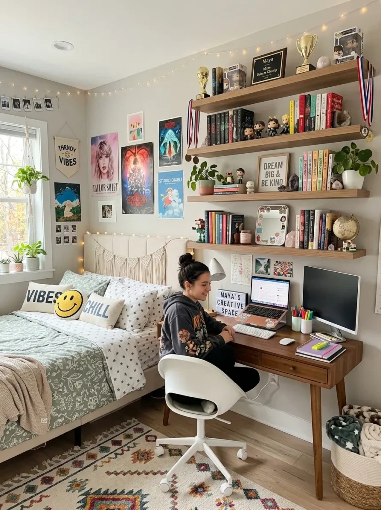 Teen bedroom with floating shelves displaying books, trophies, and aesthetic decor