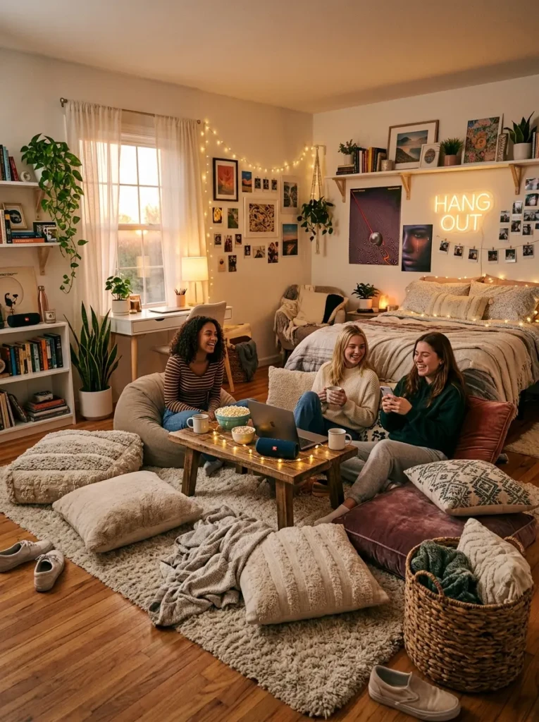 Teen bedroom with floor cushions, cozy seating, and inviting hangout atmosphere