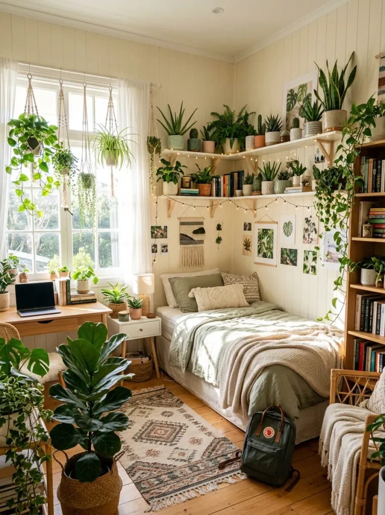Teen bedroom decorated with indoor plants, hanging greenery, and natural sunlight