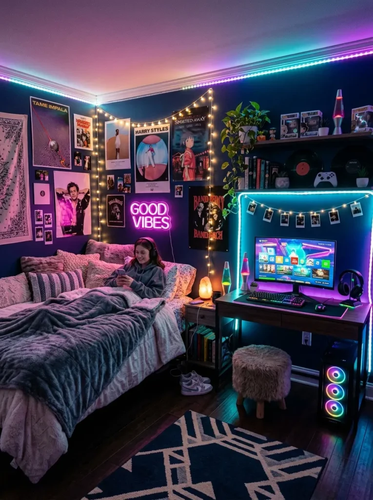 Teen bedroom with colorful LED strip lights, neon sign, and cozy modern atmosphere