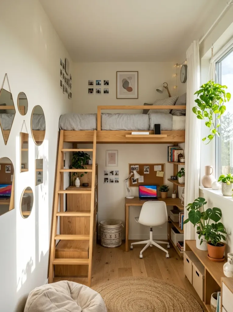 Small teen bedroom with loft bed, compact furniture, mirrors, and vertical storage
