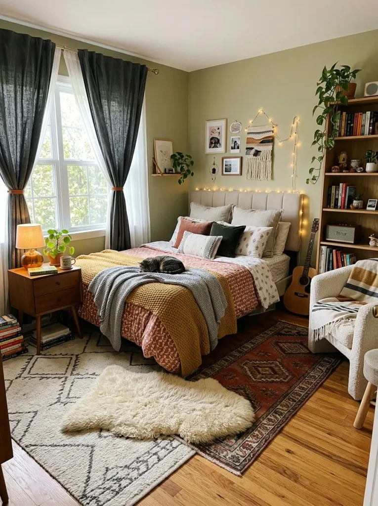 Cozy teen bedroom with layered rugs, blackout curtains, and warm comfortable decor