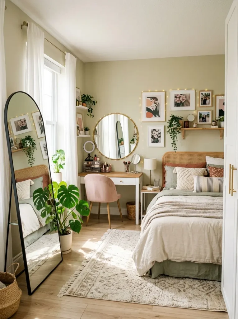 Modern teen bedroom with large standing mirror and bright aesthetic interior