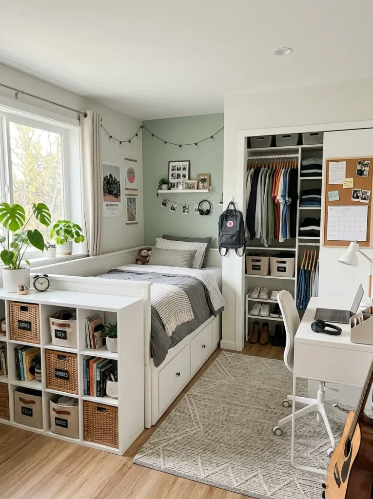 Organized teen bedroom with storage bed drawers, shelves, and clutter-free decor
