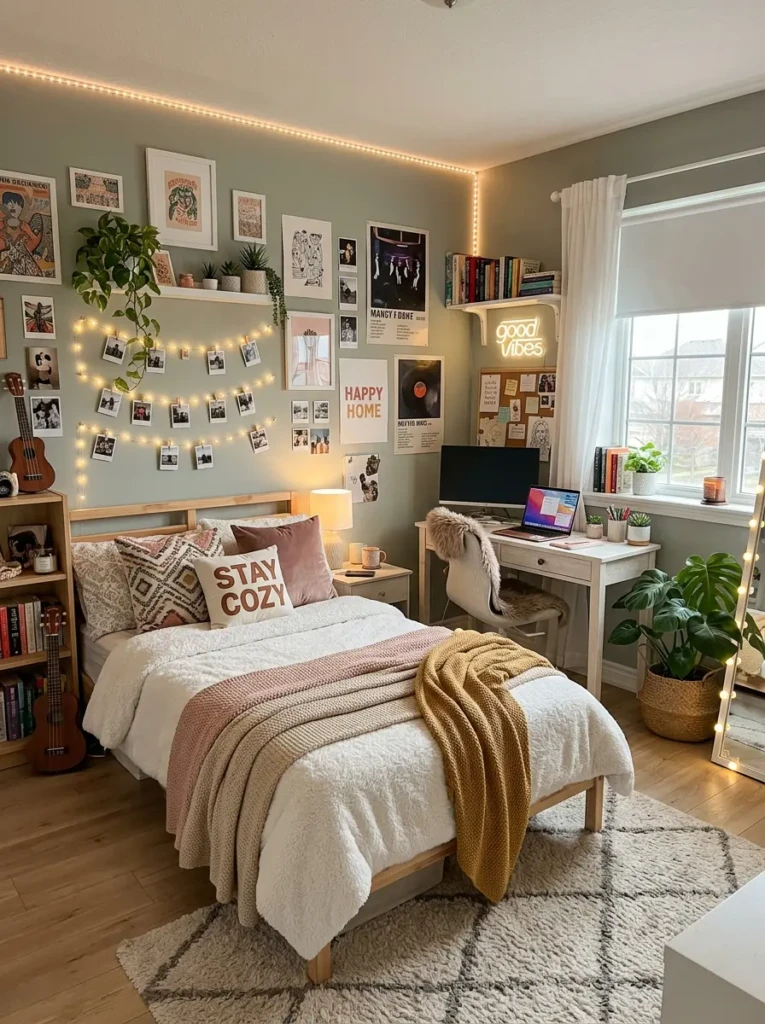 Modern teen bedroom with cozy bedding, LED lights, wall art, and stylish aesthetic decor