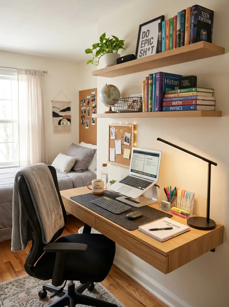 Modern teen bedroom study corner with desk, shelves, laptop, and warm lighting
