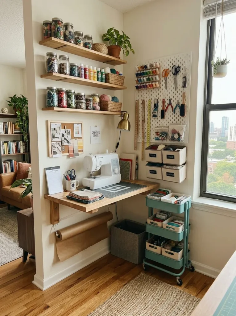 Compact craft room with wall-mounted desk and space-saving storage solutions