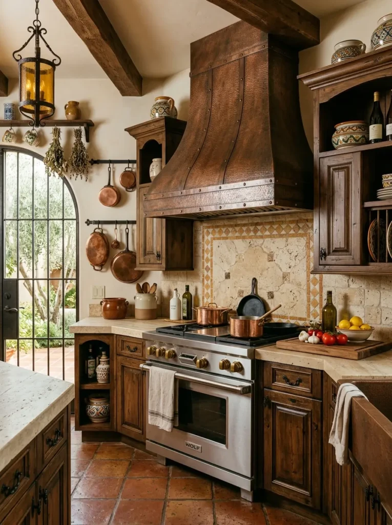 Traditional kitchen with hammered copper range hood and warm earthy tones