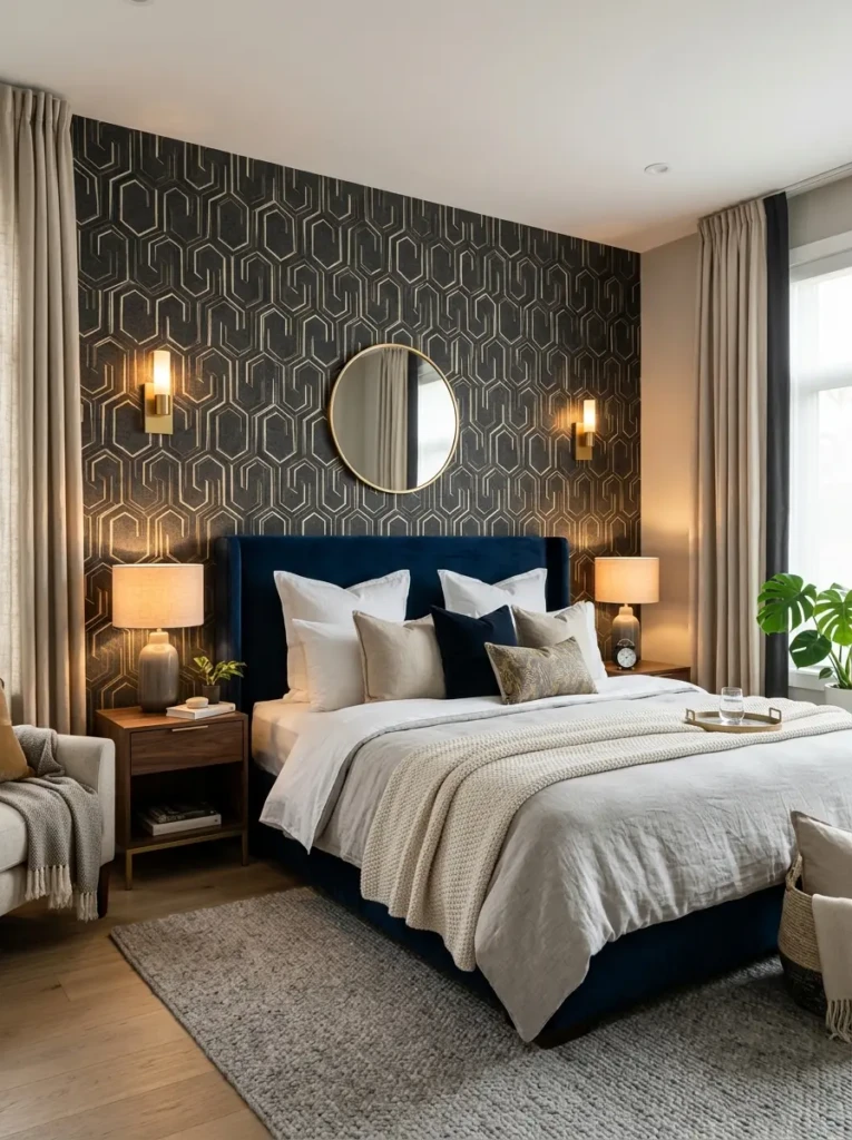 Stylish wallpaper bedroom feature wall behind the bed with elegant modern design