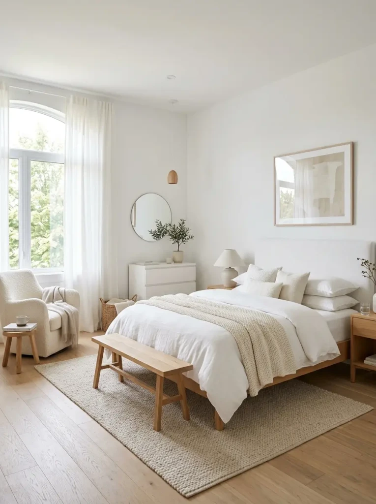 Elegant white bedroom with modern decor, soft lighting, and peaceful atmosphere
