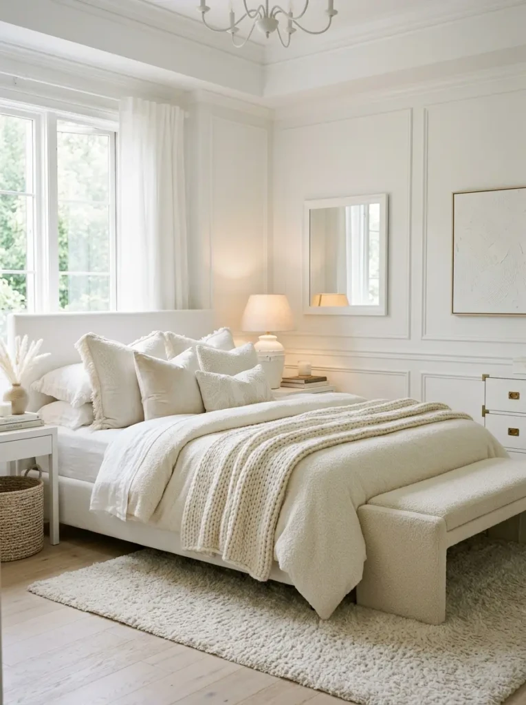 Sophisticated white bedroom with layered shades of white and cream