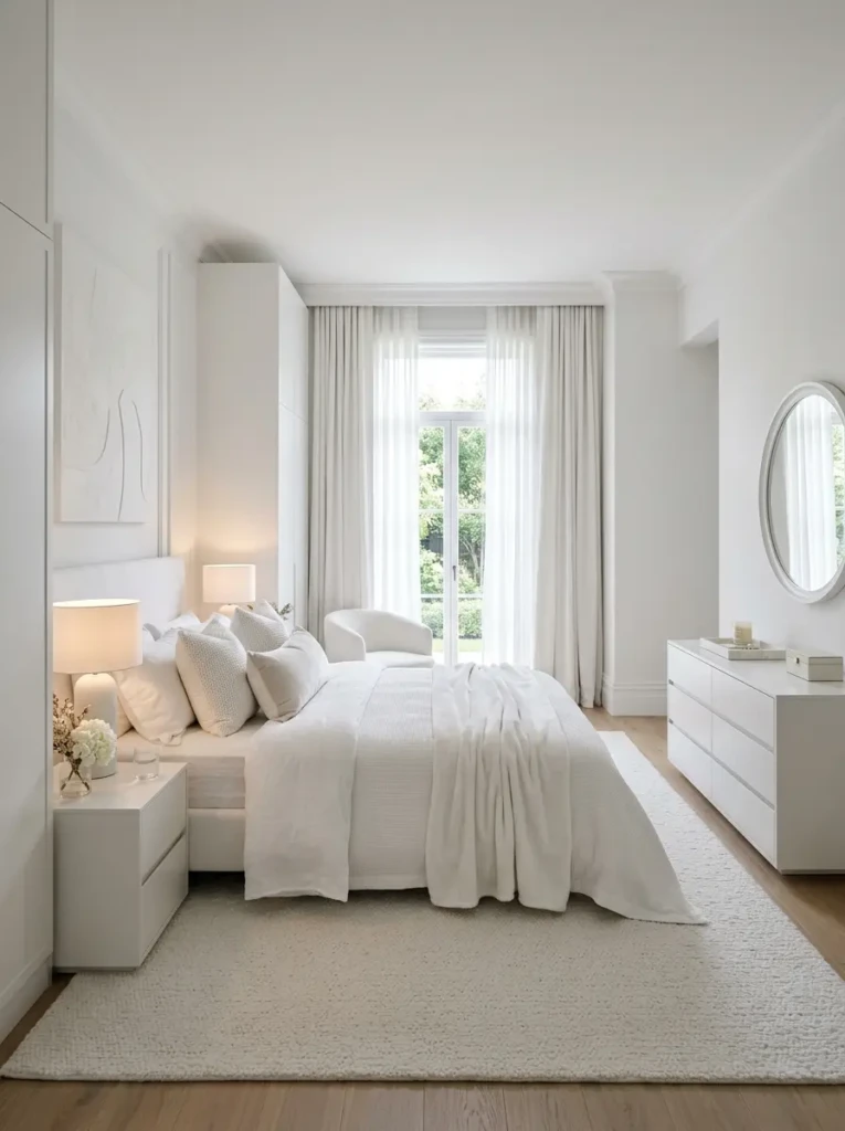 Seamless white bedroom featuring white furniture and modern decor