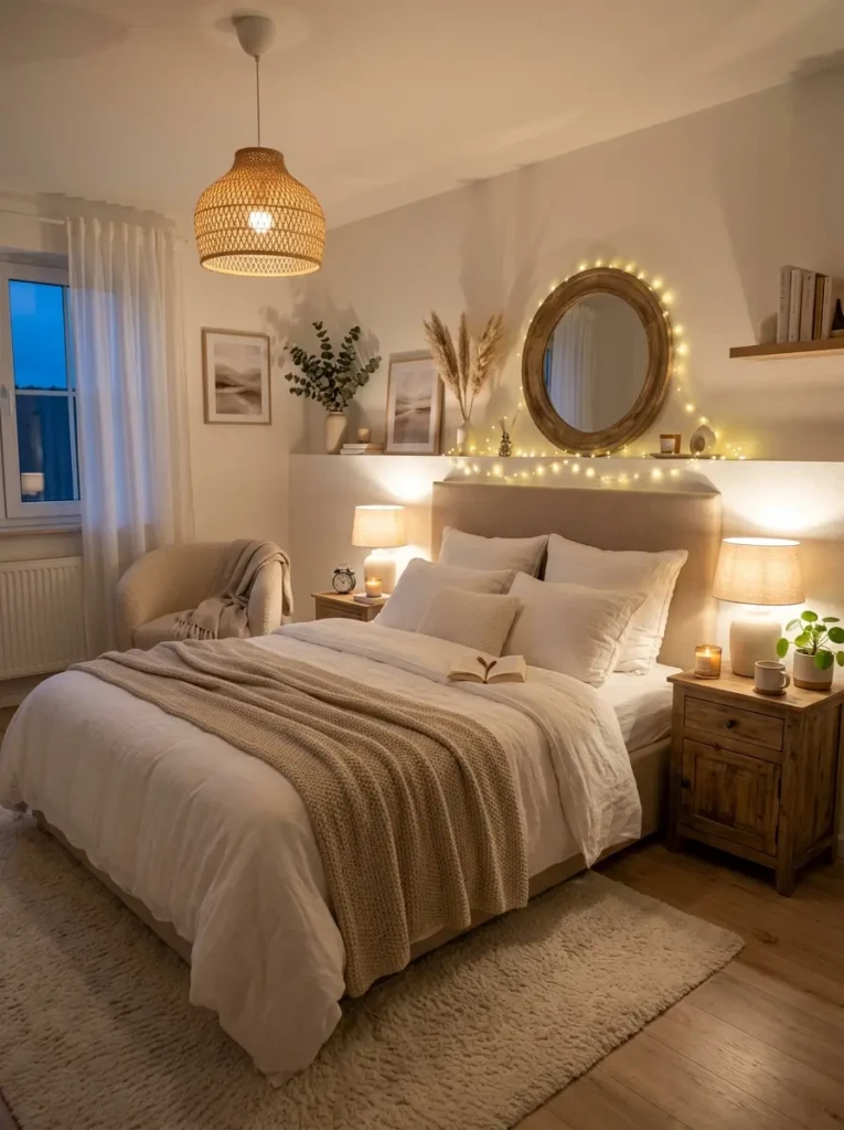 Warm white bedroom with layered lighting and relaxing evening ambiance