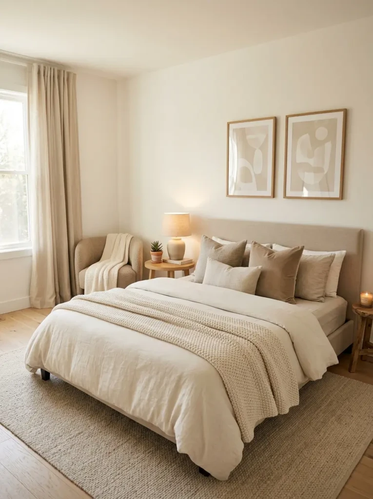 Cozy white bedroom decorated with cream and beige tones for warmth