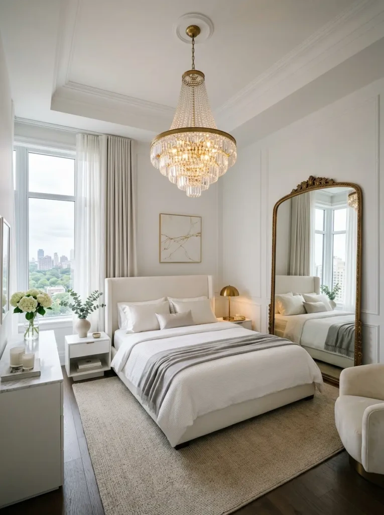 White bedroom featuring a statement chandelier and elegant focal decor